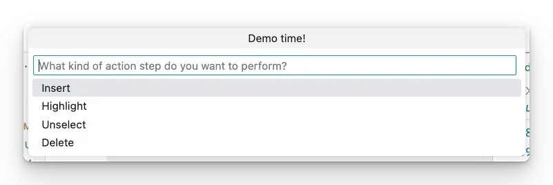 Add a demo step from the "Demo Time: Add demo step" command
